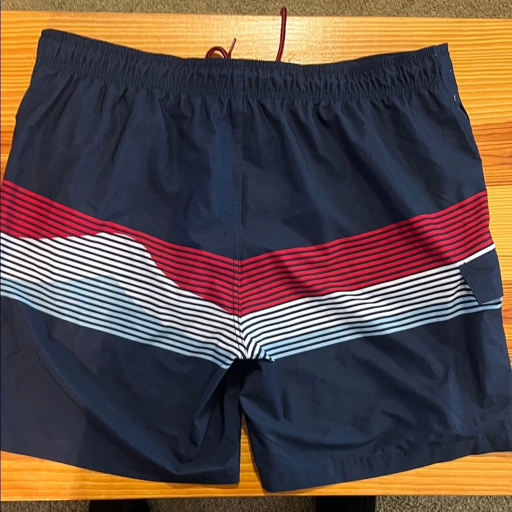 Men's Navy Stripe Swim Trunks with Red Accent